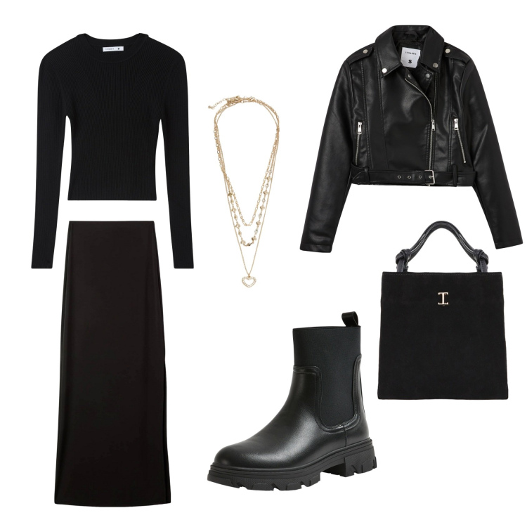 Outfit donna - City. Stile Urban per Ufficio. Abbinamento con gonne lunghe, giacche, stivaletti chelsea, maglieria, collane, shopping bag.