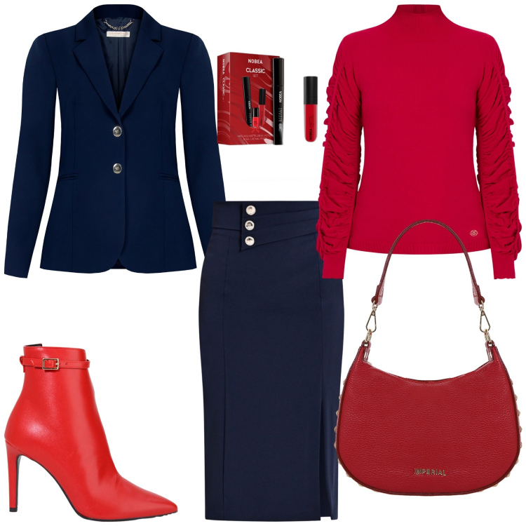 Outfit donna - Color block ufficio. Stile Chic per Ufficio. Abbinamento con mascara, blazer, gonne longuette, maglieria, borse a spalla, stivaletti.