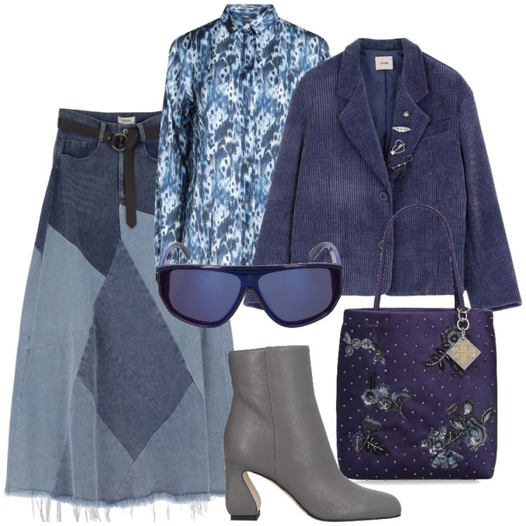 Outfit donna - Denim patchwork. Stile Etnico per Tutti i giorni. Abbinamento con camicie, stivaletti, gonne longuette, blazer, borse a mano, occhiali da sole.