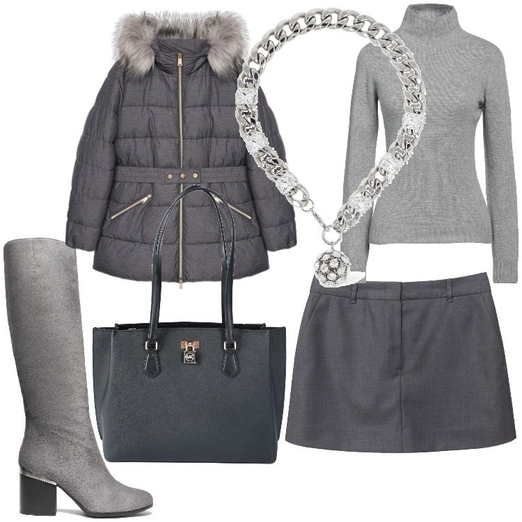 Outfit donna - Lady in grigio. Stile Casual chic per Ufficio. Abbinamento con stivali, borse a spalla, maglieria, piumini, collane, minigonne.