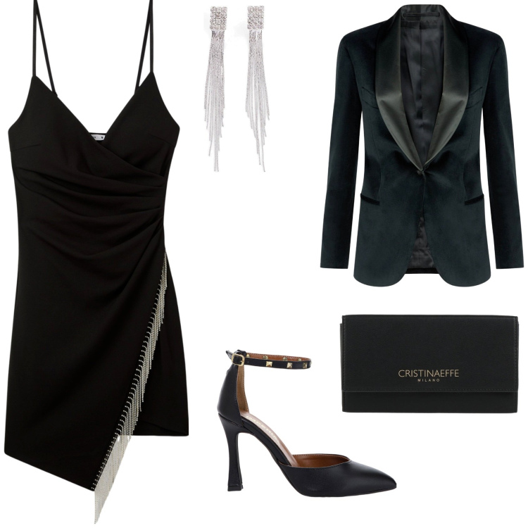 Outfit donna - La giacca da smoking. Stile Glamour per Serata fuori. Abbinamento con orecchini, borse a mano, vestiti corti, décolleté, blazer.