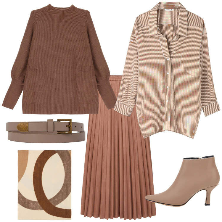 Outfit donna - La gonna midi plissé. Stile Minimal per Tutti i giorni. Abbinamento con camicie, foulard, maglieria, cinture, stivaletti, minigonne.
