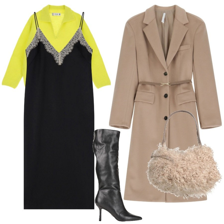 Outfit donna - Il maglione sotto. Stile Trendy per Tutti i giorni. Abbinamento con stivali, borse a secchiello, pullovers, vestiti midi/longuette, cappotti.