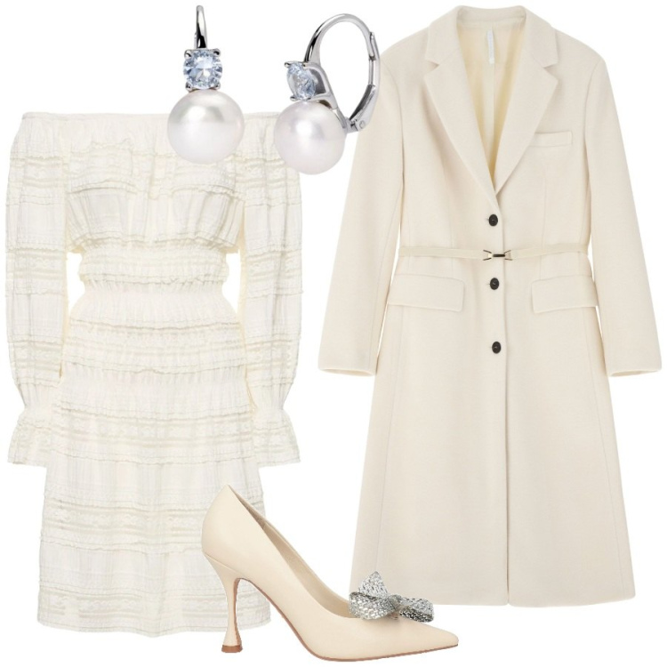 Outfit donna - Sposa invernale. Stile Romantica per Cerimonia. Abbinamento con décolleté, orecchini, cappotti, vestiti midi/longuette.