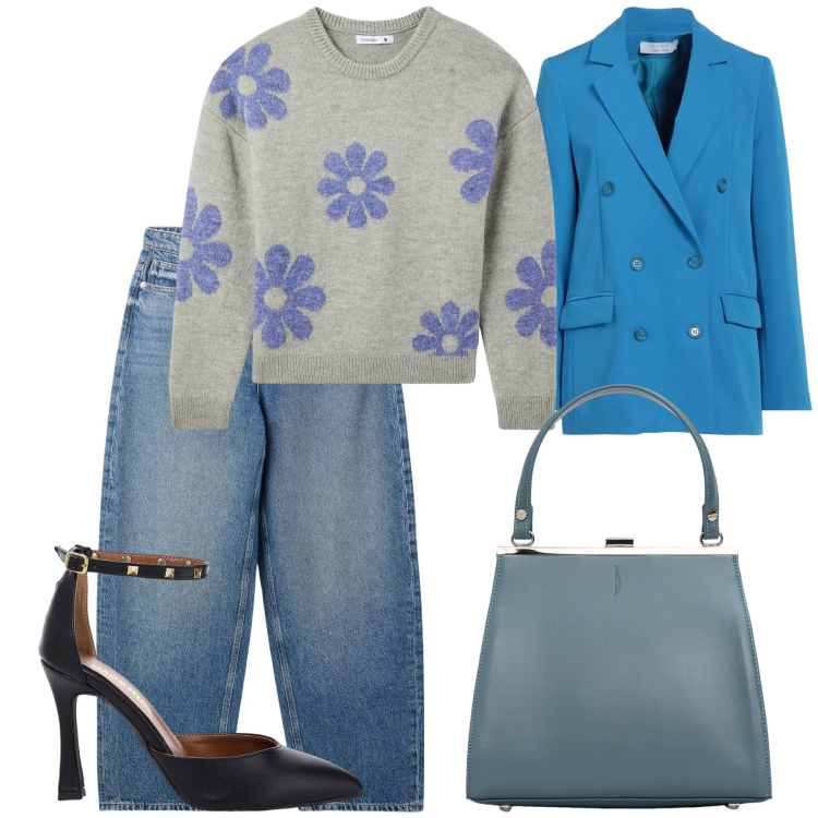 Outfit donna - Per l ufficio del lunedì. Stile Glamour per Ufficio. Abbinamento con blazer, décolleté, jeans, maglieria, clutch.