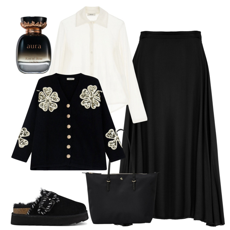 Outfit donna - Gonna effetto satin. Stile Casual chic per Tutti i giorni. Abbinamento con profumi, gonne lunghe, cardigans, camicie, borse tote, sabot.