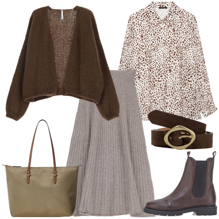 Outfit donna - La gonna midi colore fango. Stile Urban per Tutti i giorni. Abbinamento con gonne longuette, cardigans, cinture, borse tote, stivaletti chelsea, camicie.