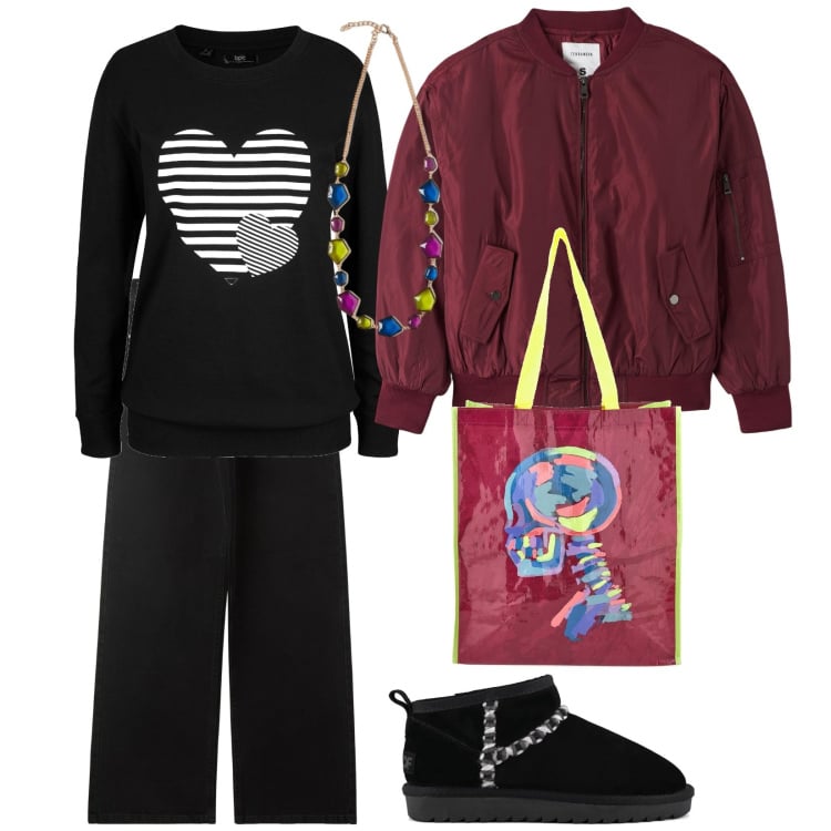 Outfit donna - Shopping comodo. Stile Casual per Tutti i giorni. Abbinamento con maglieria, bomber, jeans, shopping bag, collane, stivali.