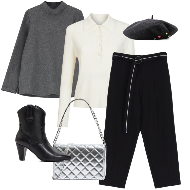Outfit donna - Con il basco. Stile Trendy per Ufficio. Abbinamento con cappelli e berretti, stivaletti texani, borse a tracolla, pantaloni, maglieria, polo.