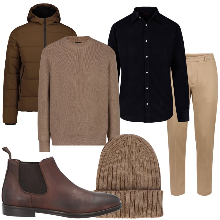 Outfit uomo - Stile Doppelganger. Stile Trendy per Tutti i giorni. Abbinamento con stivali e stivaletti, piumini, maglieria, pantaloni, berretti, camicie.