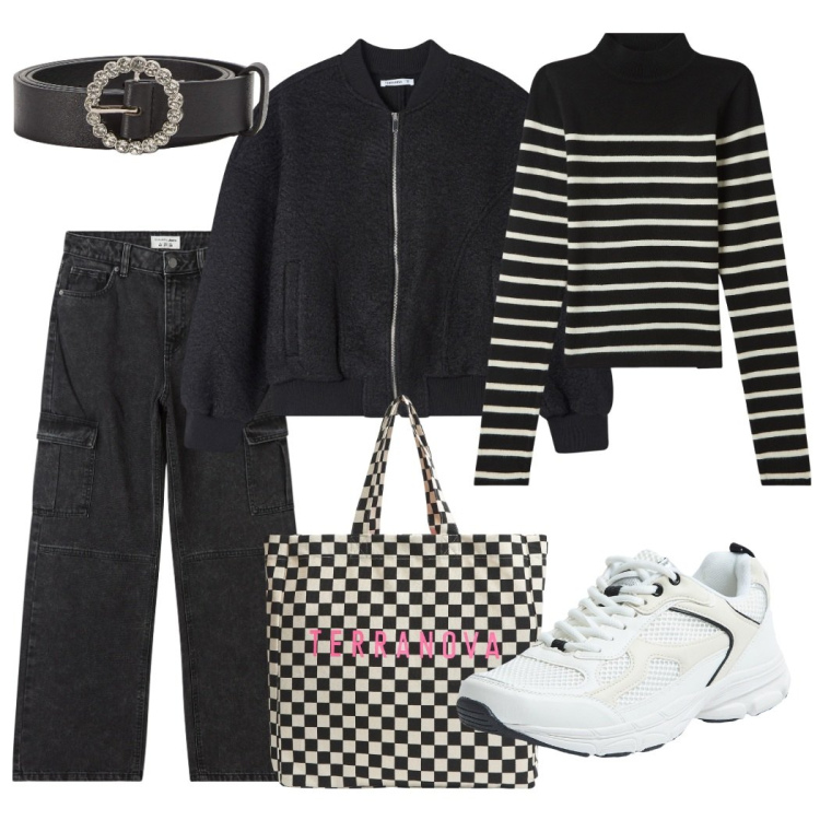 Outfit donna - a scuola o in città. Stile Casual per Tutti i giorni. Abbinamento con jeans dritti, maglieria, bomber, sneakers, cinture, shopping bag.