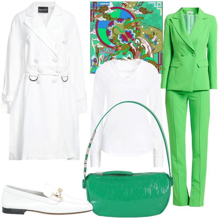 Outfit donna - Verde inverno. Stile Casual chic per Ufficio. Abbinamento con mocassini, pantaloni, cappotti, t-shirt, borse a mano, foulard.