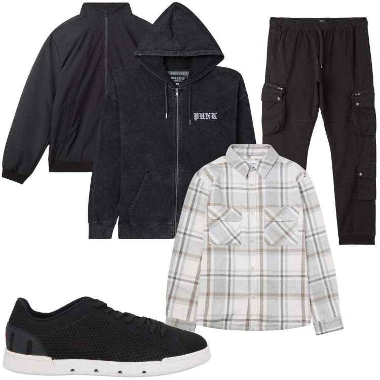 Outfit uomo - In campagna. Stile Casual per Tutti i giorni. Abbinamento con sneakers, felpe con cappuccio, giacche, pantaloni cargo, cappotti.
