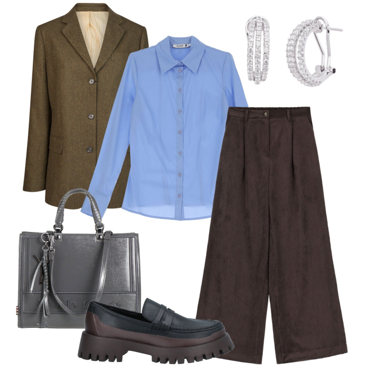 Outfit donna - I mocassini bicolor. Stile Mannish per Ufficio. Abbinamento con mocassini, borse a mano, camicie, orecchini, pantaloni a palazzo, blazer.