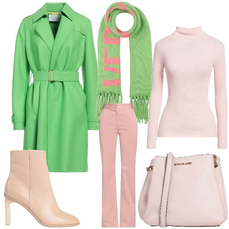 Outfit donna - Sognando la primavera. Stile Casual chic per Ufficio. Abbinamento con stivaletti, sciarpe, borse a spalla, pantaloni, maglieria, cappotti.