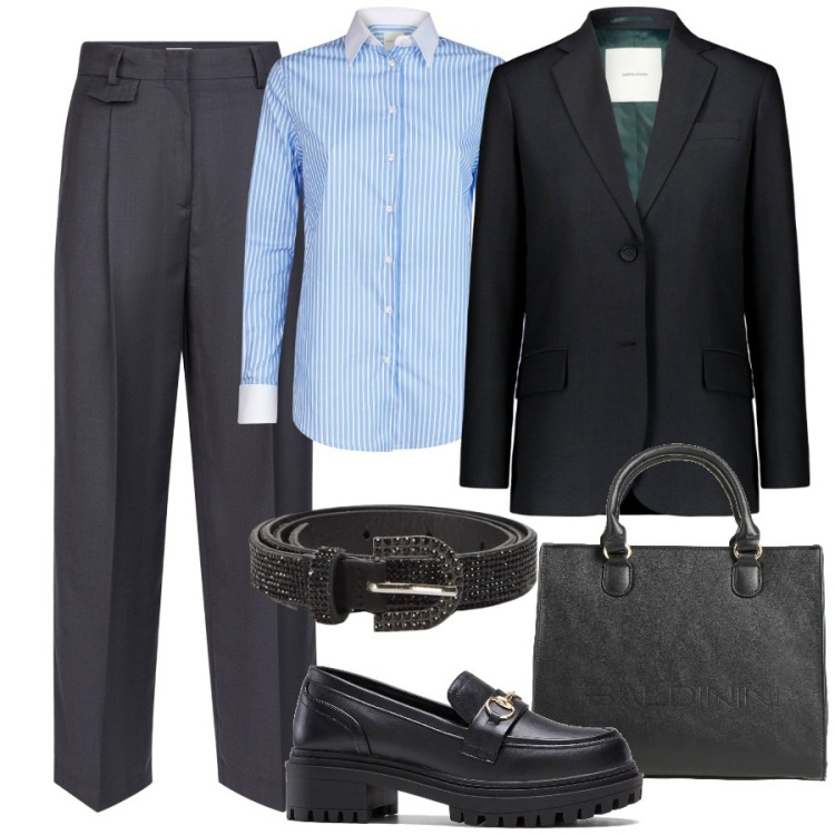 Outfit donna - Mannish. Stile Mannish per Ufficio. Abbinamento con mocassini, borse a mano, cinture, blazer, pantaloni, camicie.