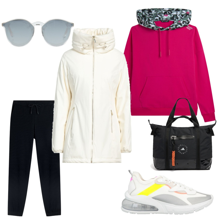 Outfit donna - Pomeriggio invernale sul lungomare. Stile Sporty chic per Tutti i giorni. Abbinamento con piumini, sneakers, occhiali da sole, felpe sportive, pantaloni sportivi, shopping bag.
