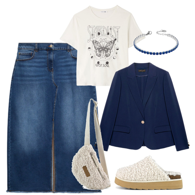 Outfit donna - Combo denim e teddy. Stile Casual per Tutti i giorni. Abbinamento con t-shirt, braccialetti, marsupi, blazer, sabot, gonne lunghe.