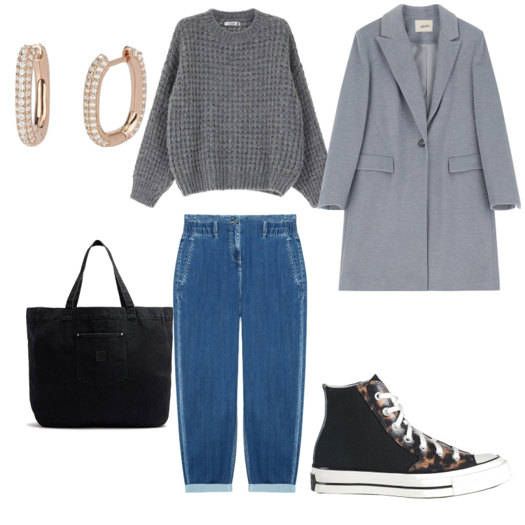 Outfit donna - In giro. per Tutti i giorni. Abbinamento con sneakers alte, orecchini, pullovers, cappotti, jeans, shopping bag.