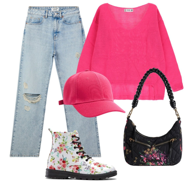Outfit donna - Jeans & flower. Stile Casual per Tutti i giorni. Abbinamento con stivaletti, borse a mano, jeans strappati, cappelli, maglieria.
