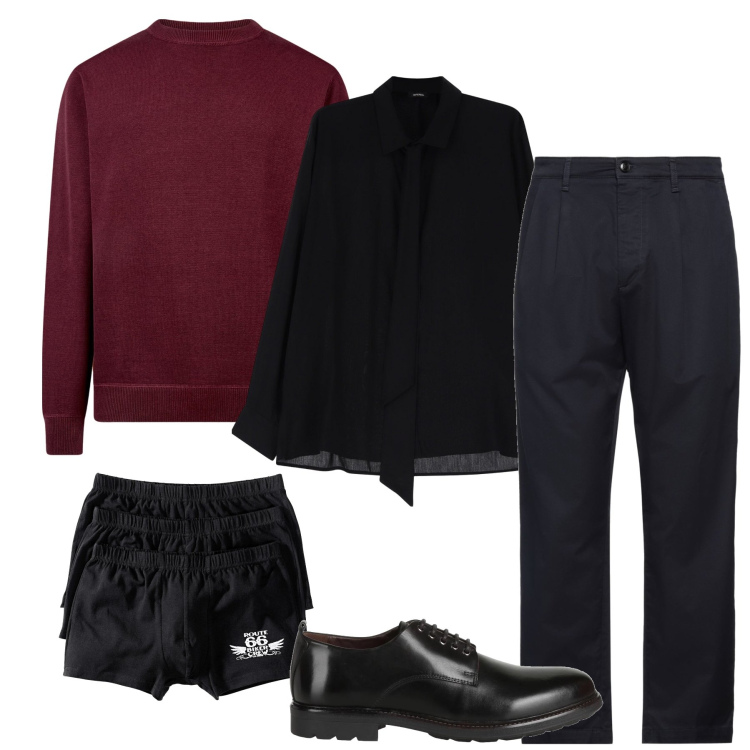Outfit uomo - La maglia bordeaux. Stile Business/Elegante per Serata speciale. Abbinamento con boxer, scarpe stringate, pantaloni, camicie, maglieria.