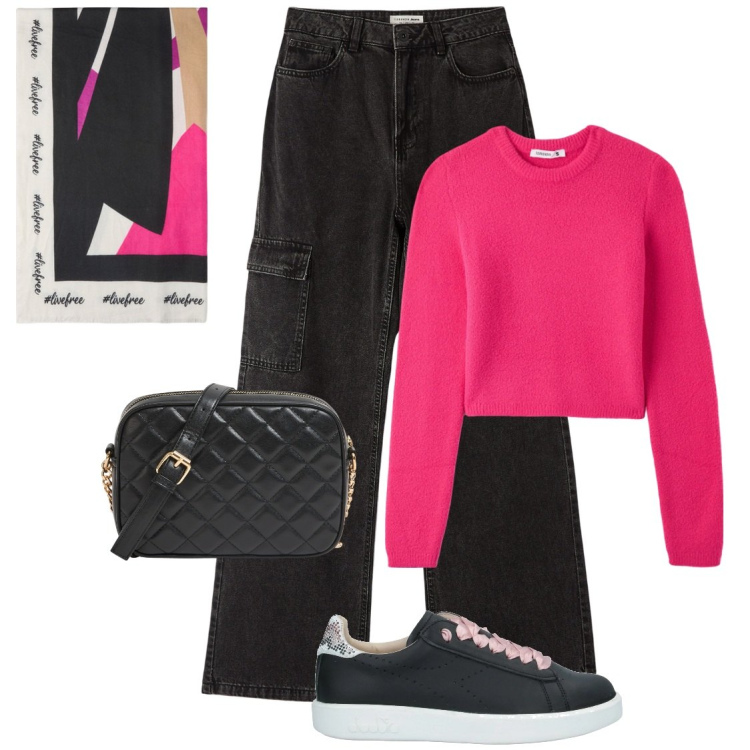 Outfit donna - Pull fuxia. Stile Casual per Tutti i giorni. Abbinamento con sneakers, borse a tracolla, jeans, maglieria, sciarpe.