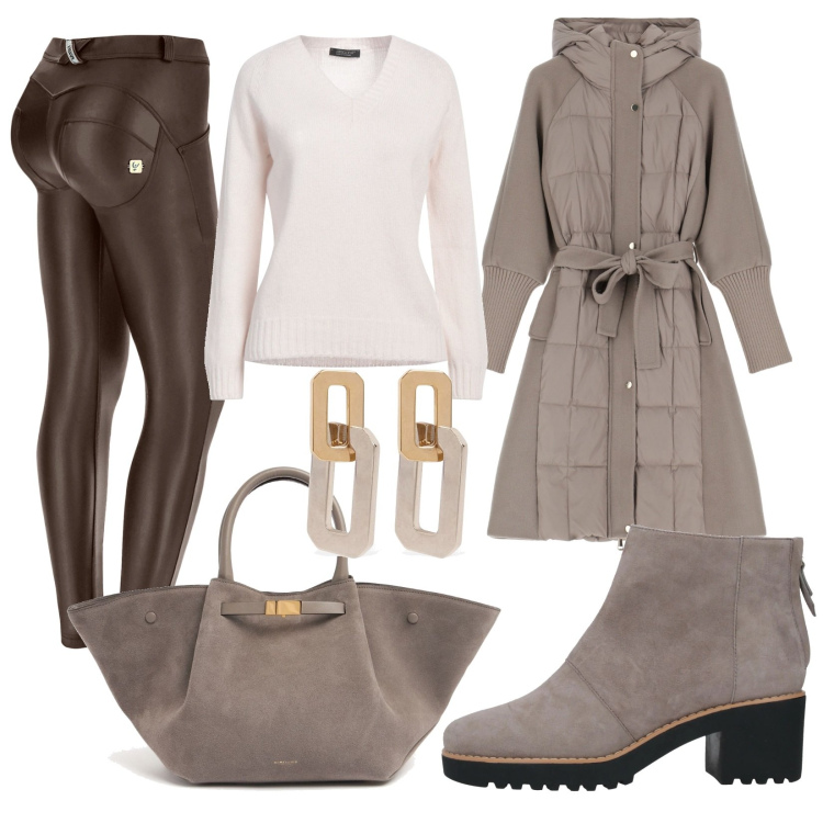 Outfit donna - Total look #2042240. Stile Casual per Tutti i giorni. Abbinamento con stivaletti, pullovers, pantaloni skinny, giacche, orecchini, shopping bag.