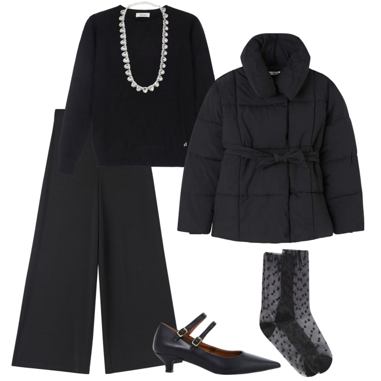 Outfit donna - Black&black. Stile Minimal per Tutti i giorni. Abbinamento con collane, pantaloni culotte, piumini, décolleté, pullovers, calzini.