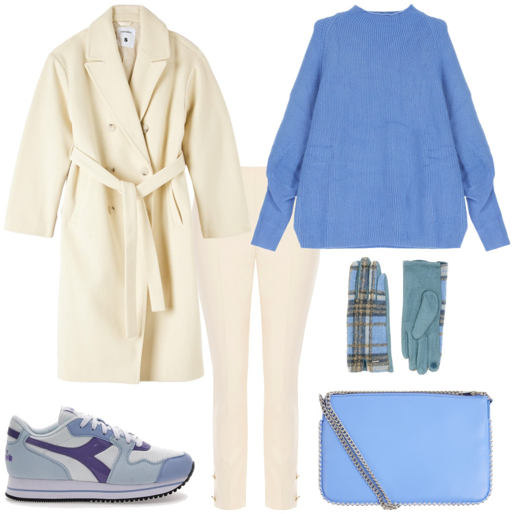 Outfit donna - Cappotto avvolgente sporty chic. Stile Sporty chic per Tutti i giorni. Abbinamento con borse a tracolla, cappotti, pantaloni, maglieria, sneakers, guanti.