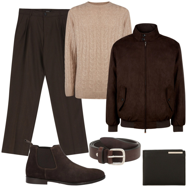 Outfit uomo - Total look #2042245. Stile Trendy per Tutti i giorni. Abbinamento con stivali e stivaletti, cinture, portafogli, pantaloni, maglieria, giacche.