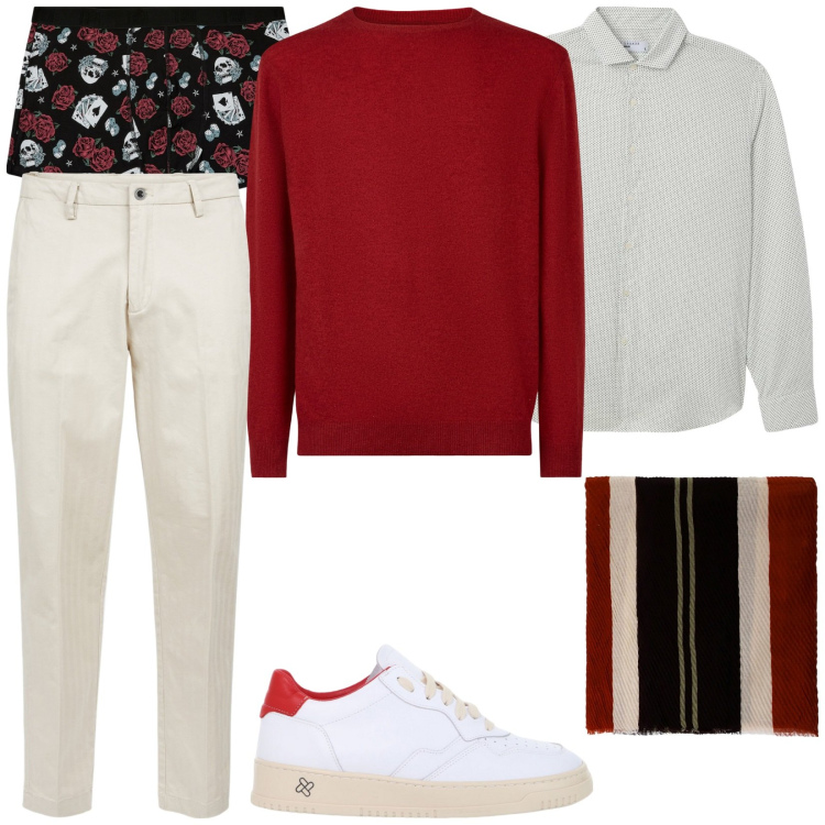 Outfit uomo - Total look #2042250. Stile Casual per Ufficio. Abbinamento con boxer, camicie, sciarpe e foulard, sneakers, maglieria, pantaloni.
