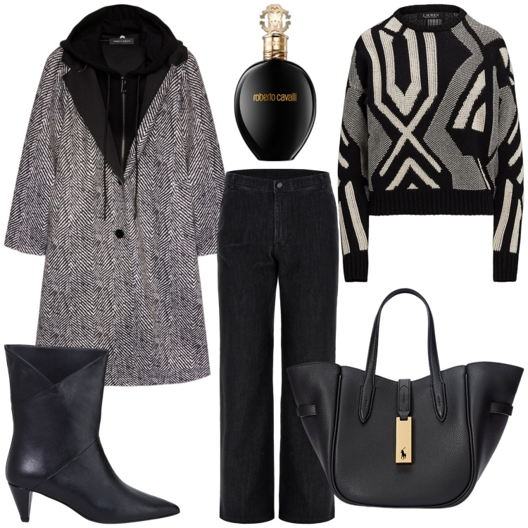 Outfit donna - Il cappotto casual chic. Stile Casual chic per Tutti i giorni. Abbinamento con profumi, jeans, stivaletti, borse tote, maglieria, cappotti.