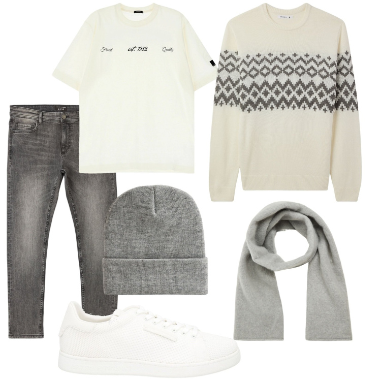 Outfit uomo - Total look #2042258. Stile Casual per Tutti i giorni. Abbinamento con sneakers, sciarpe e foulard, jeans skinny, berretti, maglieria, t-shirt.