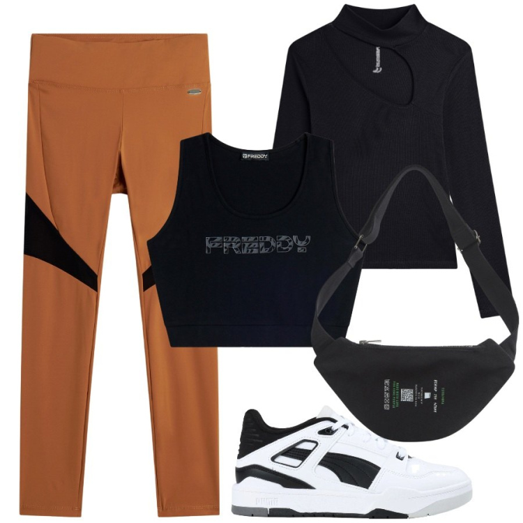 Outfit donna - Sport a gennaio. Stile Sporty chic per Sport. Abbinamento con sneakers, marsupi, maglieria, leggings, reggiseni.