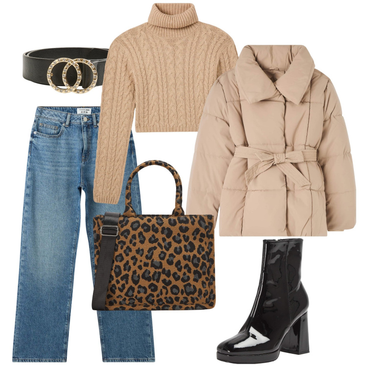 Outfit donna - Terranova speciale saldi. Stile Glamour per Tutti i giorni. Abbinamento con shopping bag, jeans dritti, piumini, stivaletti, cinture, maglieria.