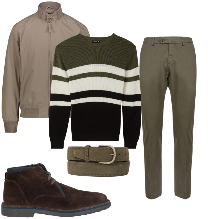 Outfit uomo - Total look trendy per il giorno. Stile Trendy per Tutti i giorni. Abbinamento con stivali e stivaletti, maglieria, pantaloni chino, cinture, giacche.
