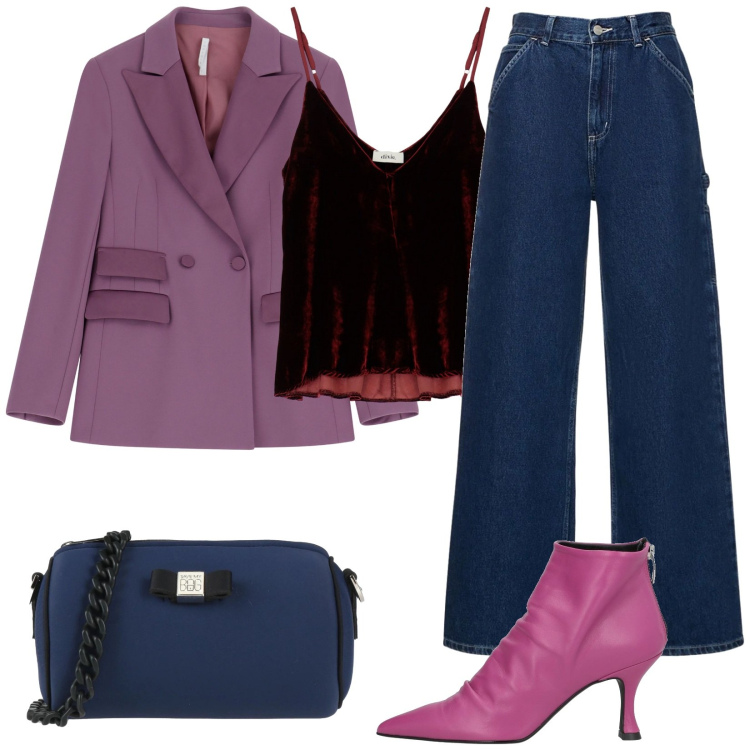 Outfit donna - Stivaletto glamour. Stile Glamour per Serata fuori. Abbinamento con stivaletti, borse a tracolla, blazer, canottiere, pantaloni.