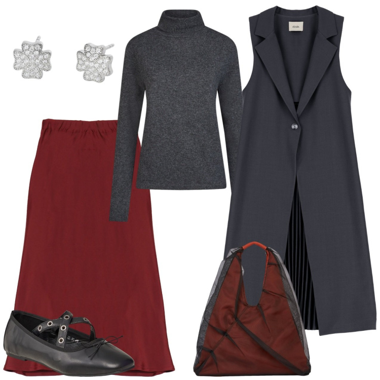 Outfit donna - Gonna rosso scuro. Stile Casual per Tutti i giorni. Abbinamento con ballerine, orecchini, gonne, cappotti, maglieria, shopping bag.