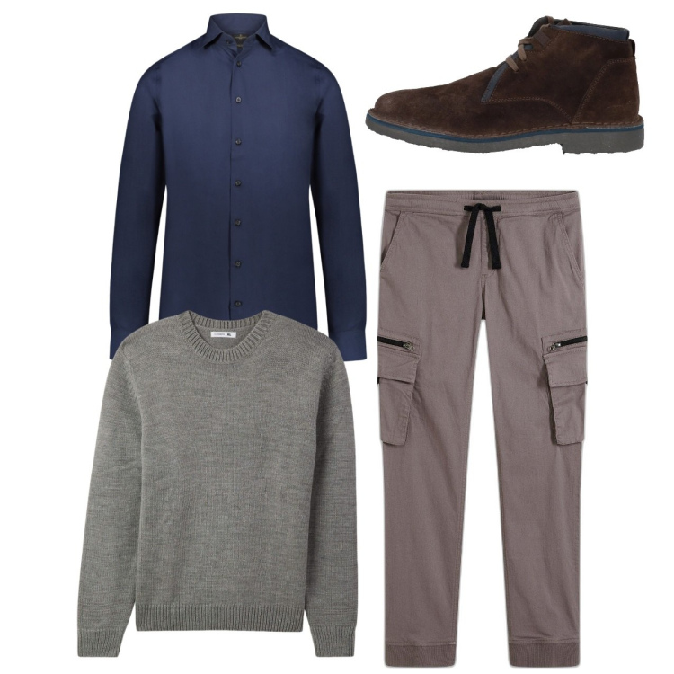 Outfit uomo - City. Stile Casual per Tutti i giorni. Abbinamento con pantaloni cargo, stivali e stivaletti, maglieria, camicie.