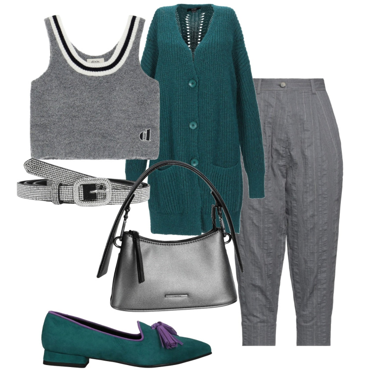 Outfit donna - Dettagli metallici. Stile Casual chic per Tutti i giorni. Abbinamento con cardigans, borse a mano, mocassini, pantaloni, cinture, top.