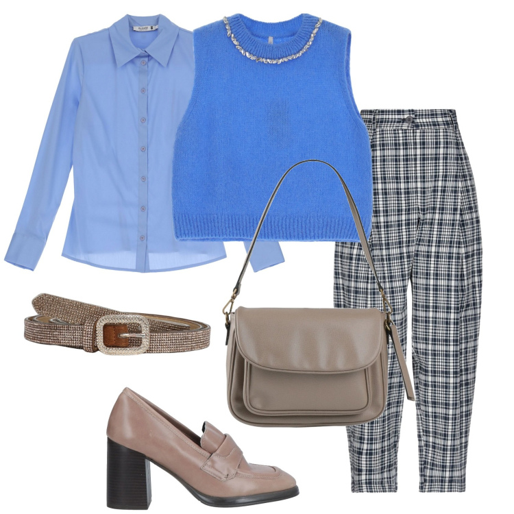 Outfit donna - Azzurro. Stile Casual chic per Tutti i giorni. Abbinamento con pantaloni, borse a spalla, mocassini, camicie, cinture, maglieria.