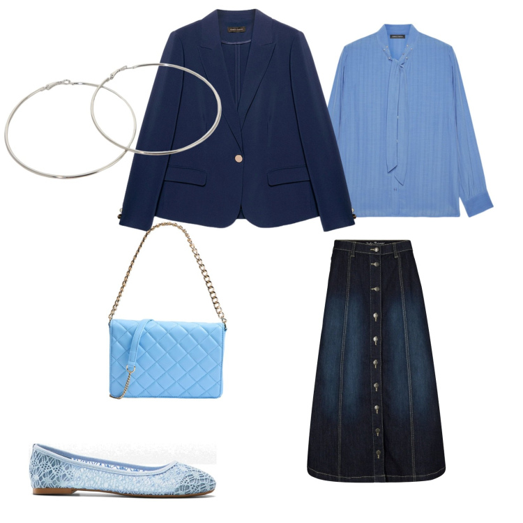 Outfit donna - Arriverà la primavera. per Tutti i giorni. Abbinamento con gonne longuette, ballerine, borse a tracolla, orecchini, camicie, blazer.