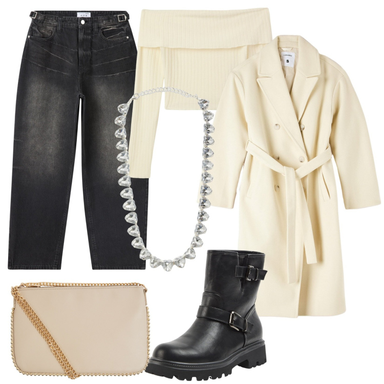 Outfit donna - Terranova saldi invernali. Stile Urban per Serata fuori. Abbinamento con jeans, collane, stivaletti, cappotti, maglieria, borse a tracolla.