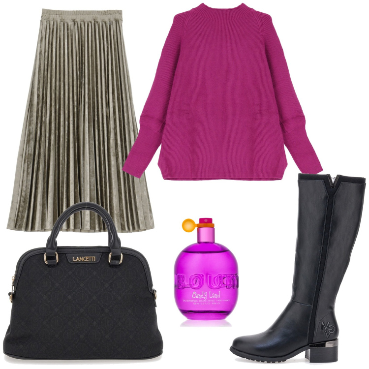 Outfit donna - Gonna midi per ogni occasione. Stile Trendy per Serata fuori. Abbinamento con profumi, maglieria, gonne longuette, borse a spalla, stivali.