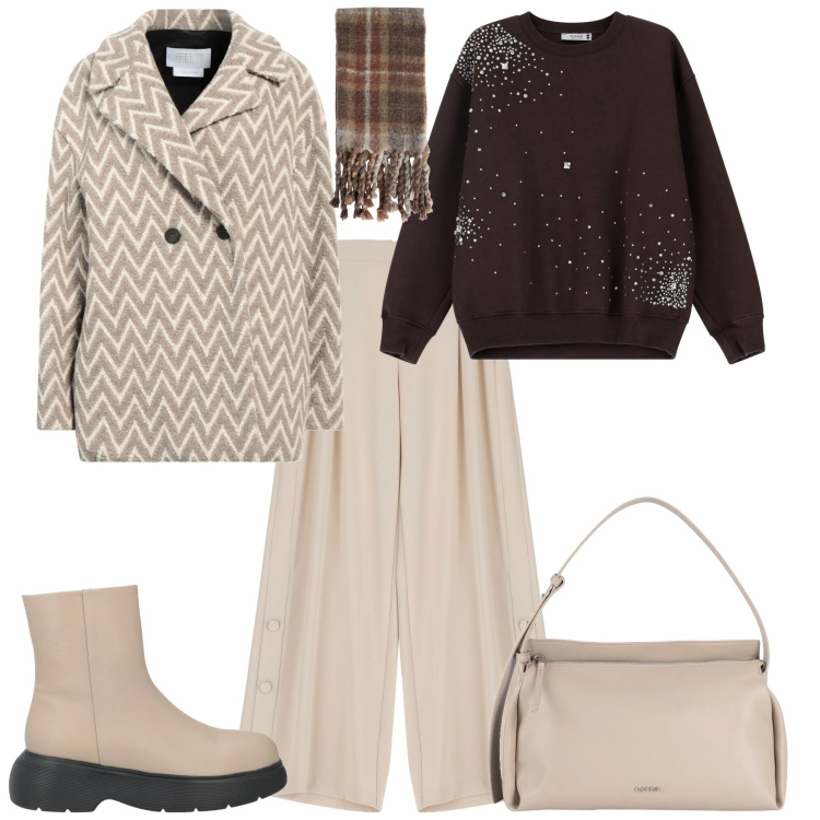 Outfit donna - Total look #2042342. Stile Trendy per Ufficio. Abbinamento con caban, sciarpe, borse a mano, stivaletti, felpe, pantaloni.
