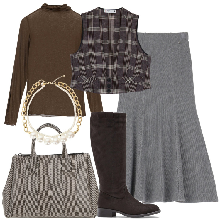 Outfit donna - Gonna midi. Stile Trendy per Tutti i giorni. Abbinamento con stivali, borse a mano, gilet, gonne lunghe, collane, maglieria.