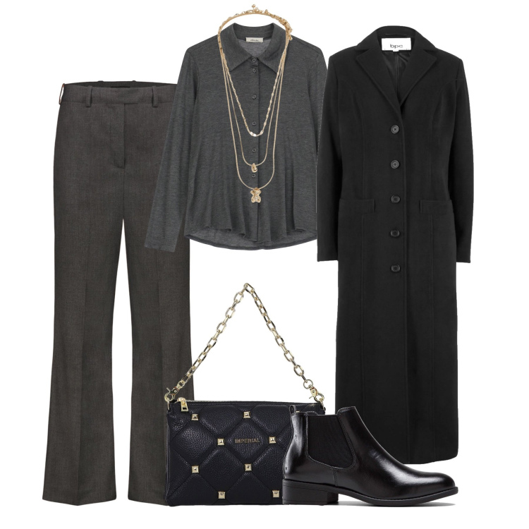 Outfit donna - Il cappotto lungo nero must have. Stile Glamour per Ufficio. Abbinamento con cappotti, stivaletti chelsea, ciondoli, borse a spalla, camicie, pantaloni.