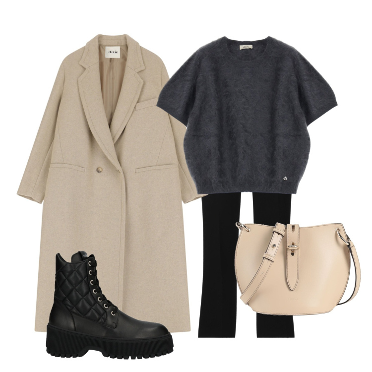 Outfit donna - Cappotto beige. Stile Casual chic per Tutti i giorni. Abbinamento con anfibi, pantaloni, borse a tracolla, blazer, pullovers.