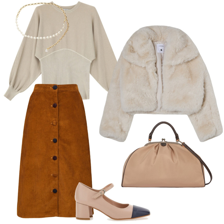 Outfit donna - Toni caldi. Stile Casual chic per Tutti i giorni. Abbinamento con blazer, maglieria, collane, gonne longuette, décolleté, borse a spalla.