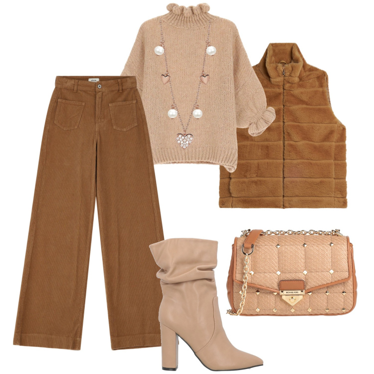 Outfit donna - Da mattina a sera. Stile Casual chic per Tutti i giorni. Abbinamento con stivaletti, borse a tracolla, collane, maglieria, gilet, pantaloni a palazzo.